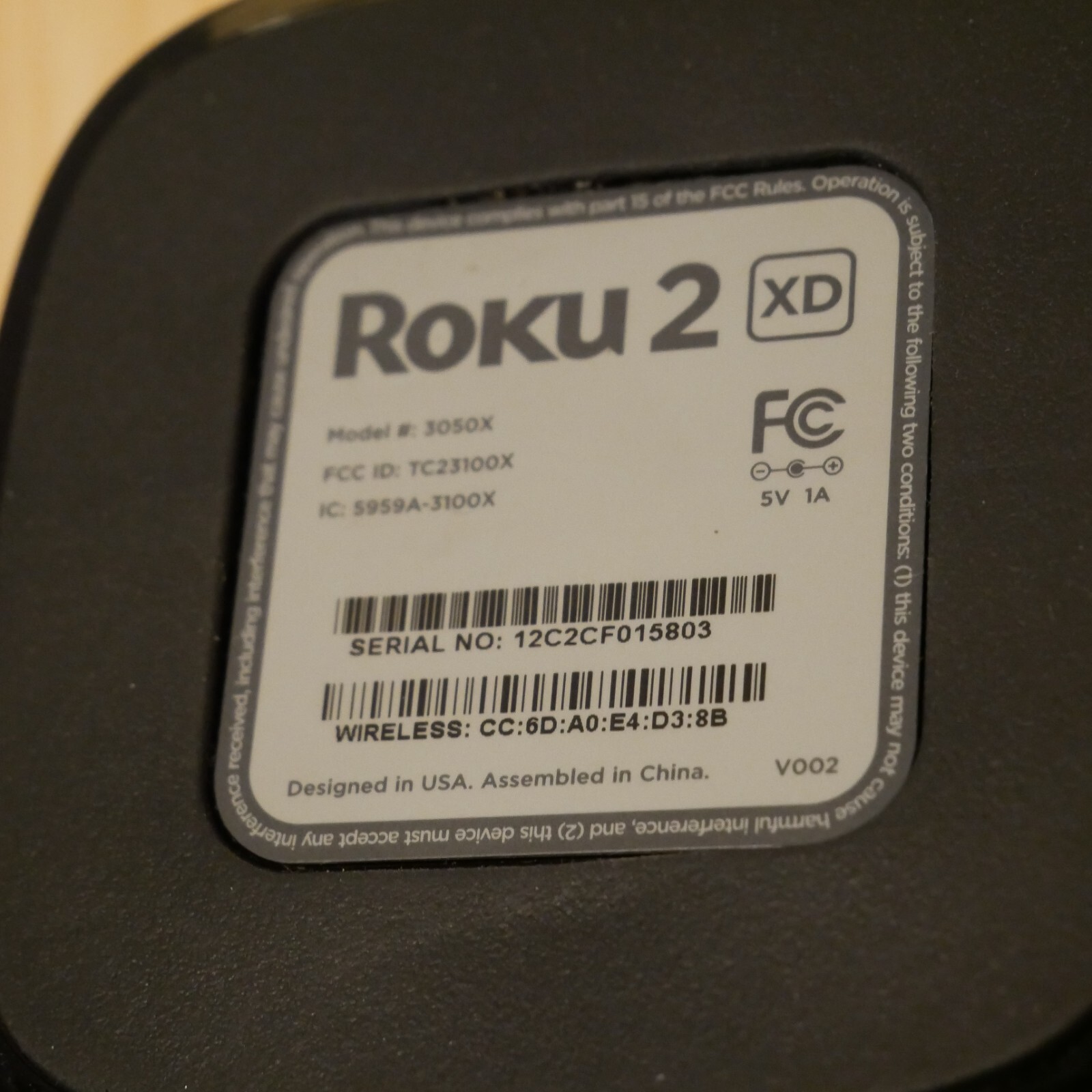 Roku 2 XD Streaming Player Model 3050X w Power Adapter and HDMI Cable WITH REMO