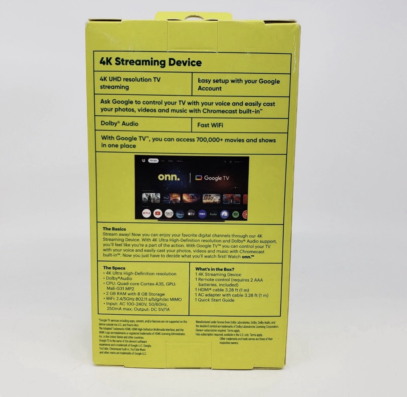 Onn. Google TV 4K Streaming Device Media Player with Remote – NEW SEALED