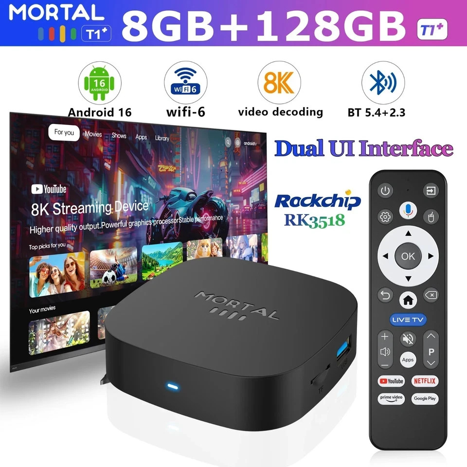 T1+ 8K Smart TV Box Android 16, 8GB 128GB WiFi 6 Streaming Media Player