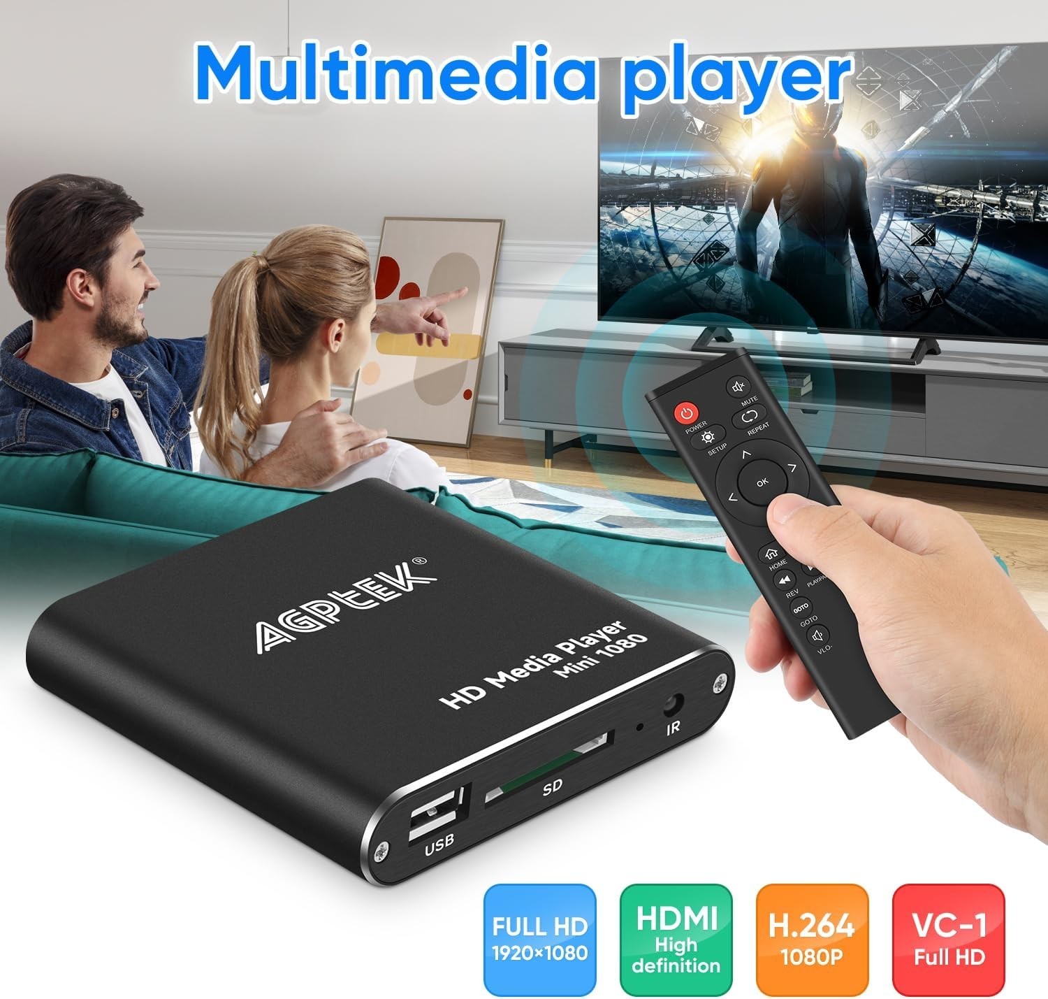Full HD 1080p Mini HDMI Media Player – Compact, Remote Control & Multi-Format