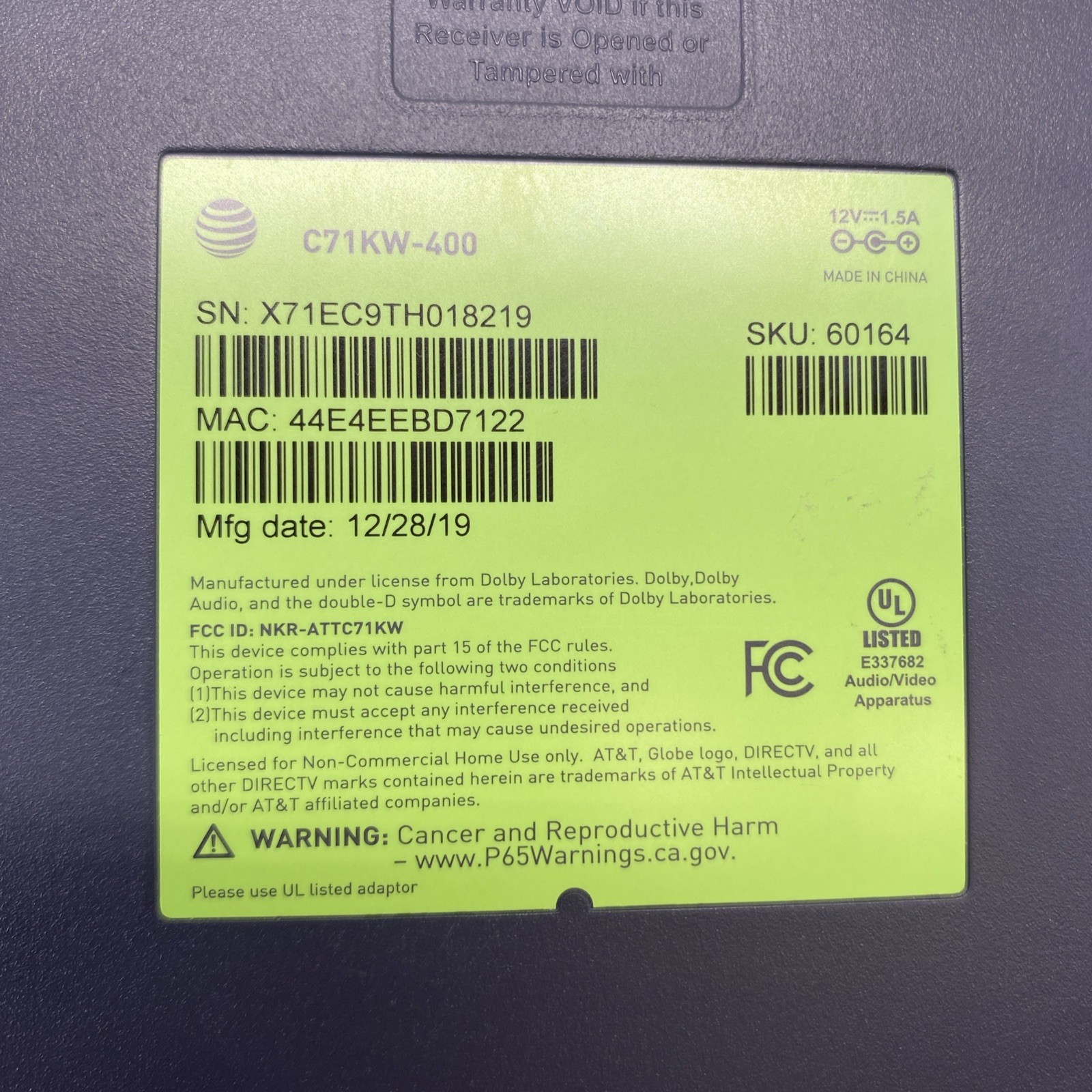 AT&T DirectTV Streaming Box C71KW-400 with Power Cord and HDMI Cord READ