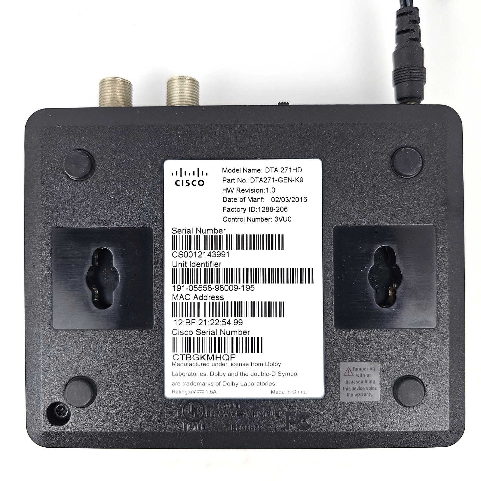 Cisco DTA 271HD Digital Transport Adapter Cable Box with Cisco Remote and Power