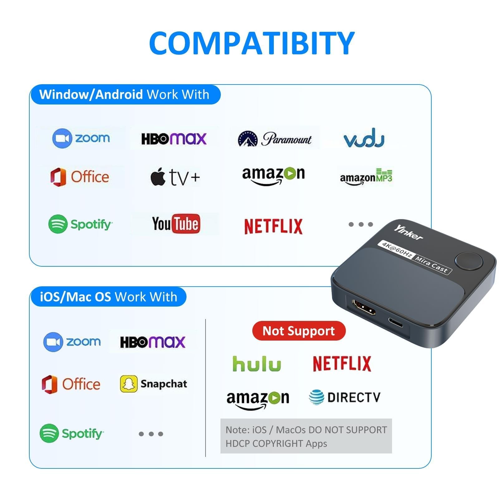 4K60Hz HDMI Wireless Display Dongle Adapter, 2.4G/5G Miracast Screen Mirrorin…