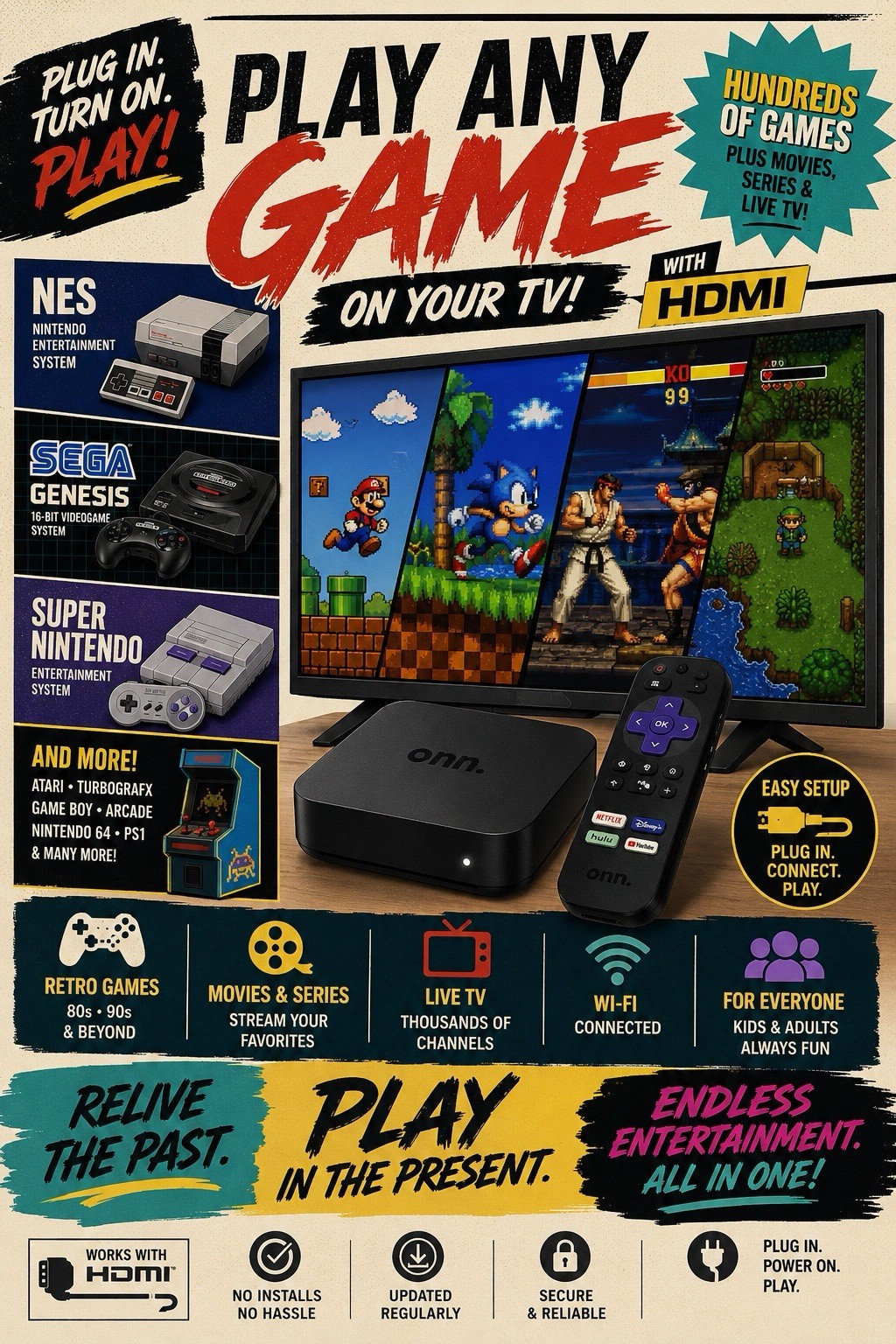 onn. Full HD Streaming Device 1080p Google TV HDMI w/ Voice Remote Black/White