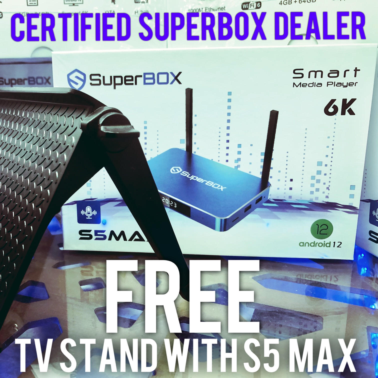 New Certified Authentic Superbox S5 MAX, plus FREE shipping & TV Stand Included!
