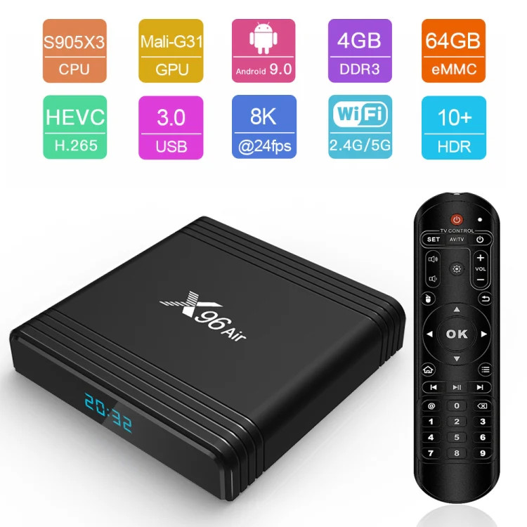 X96 Air 8K Smart TV BOX Android 9.0 Media Player with Remote Control, Quad-core