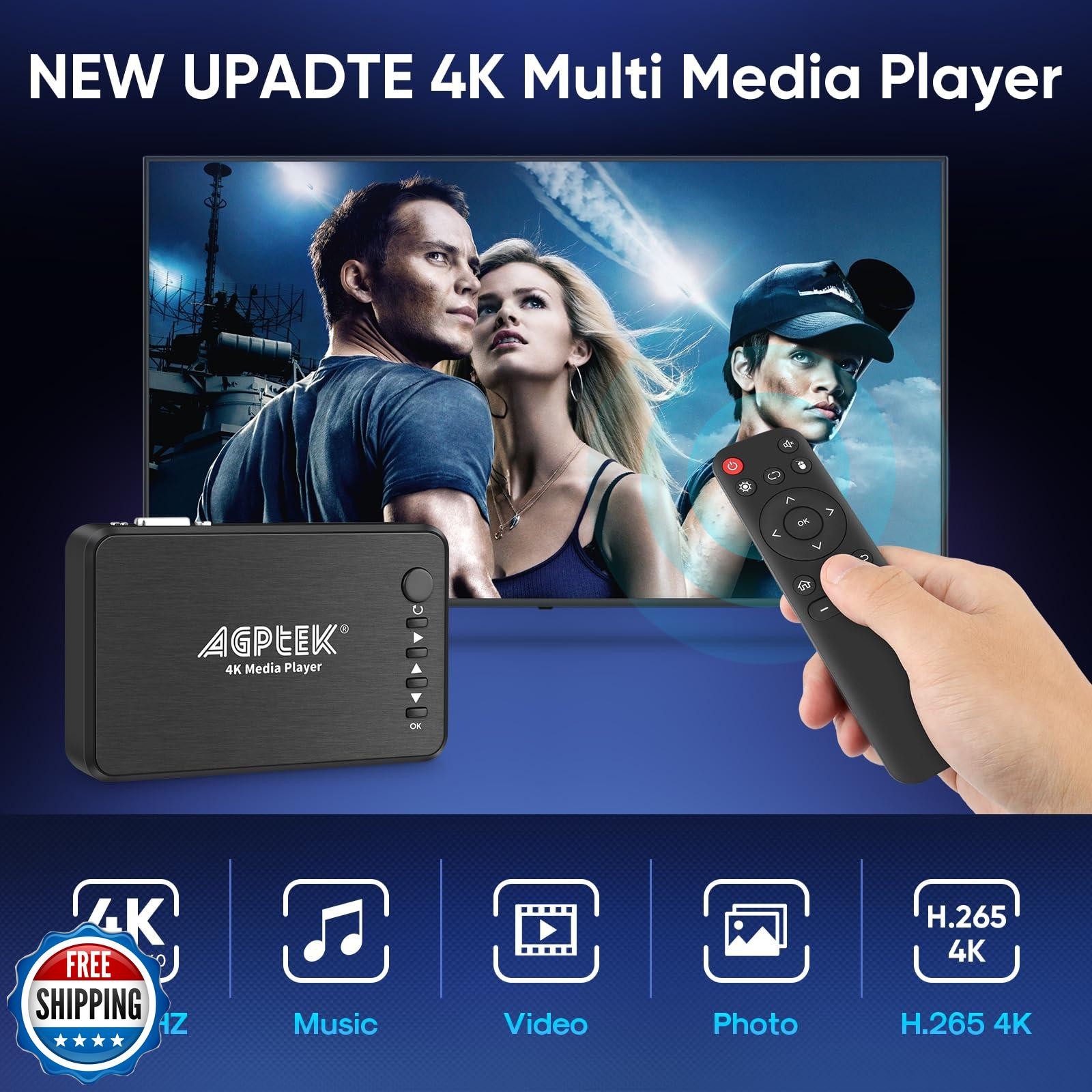 AGPTEK Updated 4K@30hz HDMI TV Media Player with HDMI/AV/VGA Output, Digital