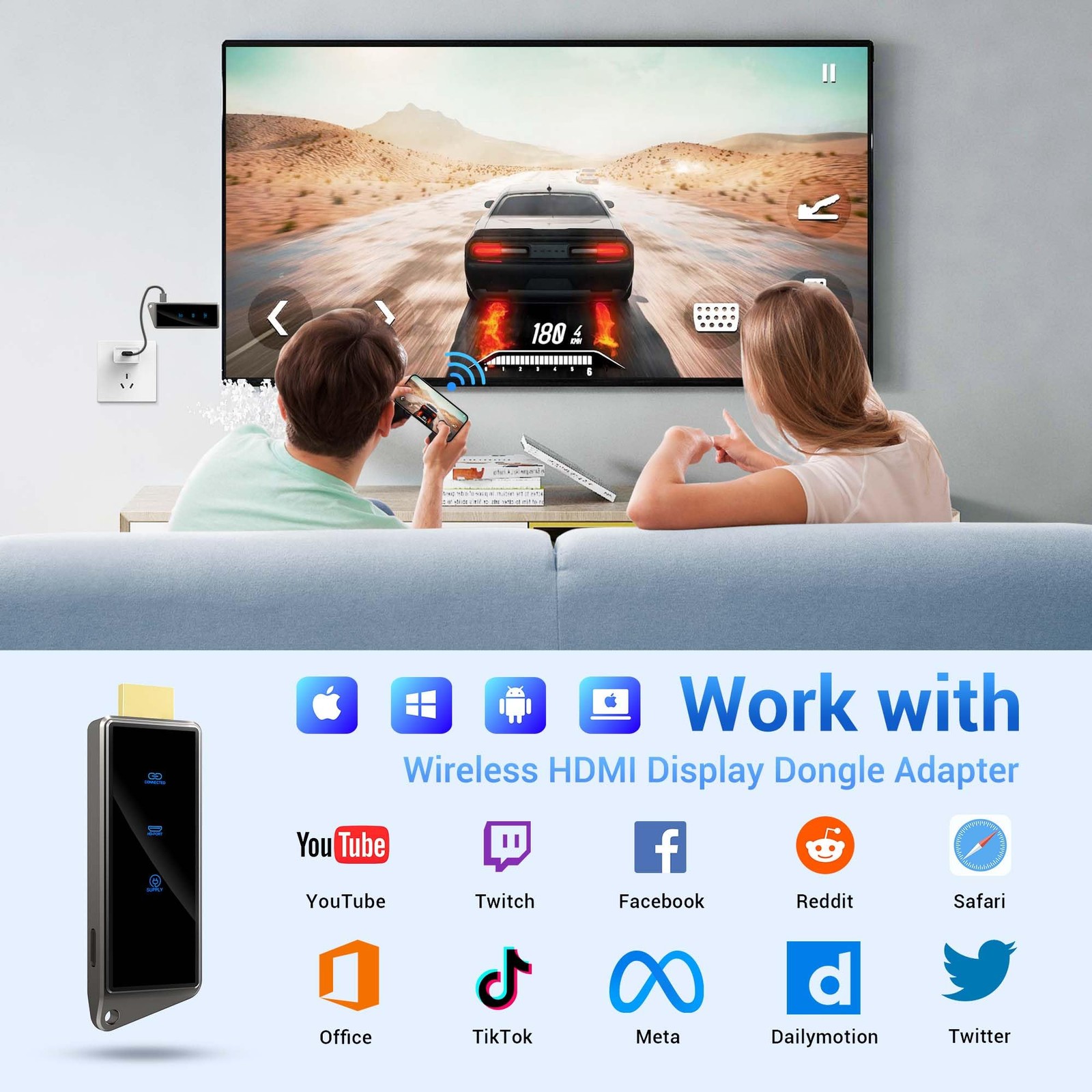 HDMI Wireless Display Adapter for Streaming from Phone/Laptop to TV/Projector