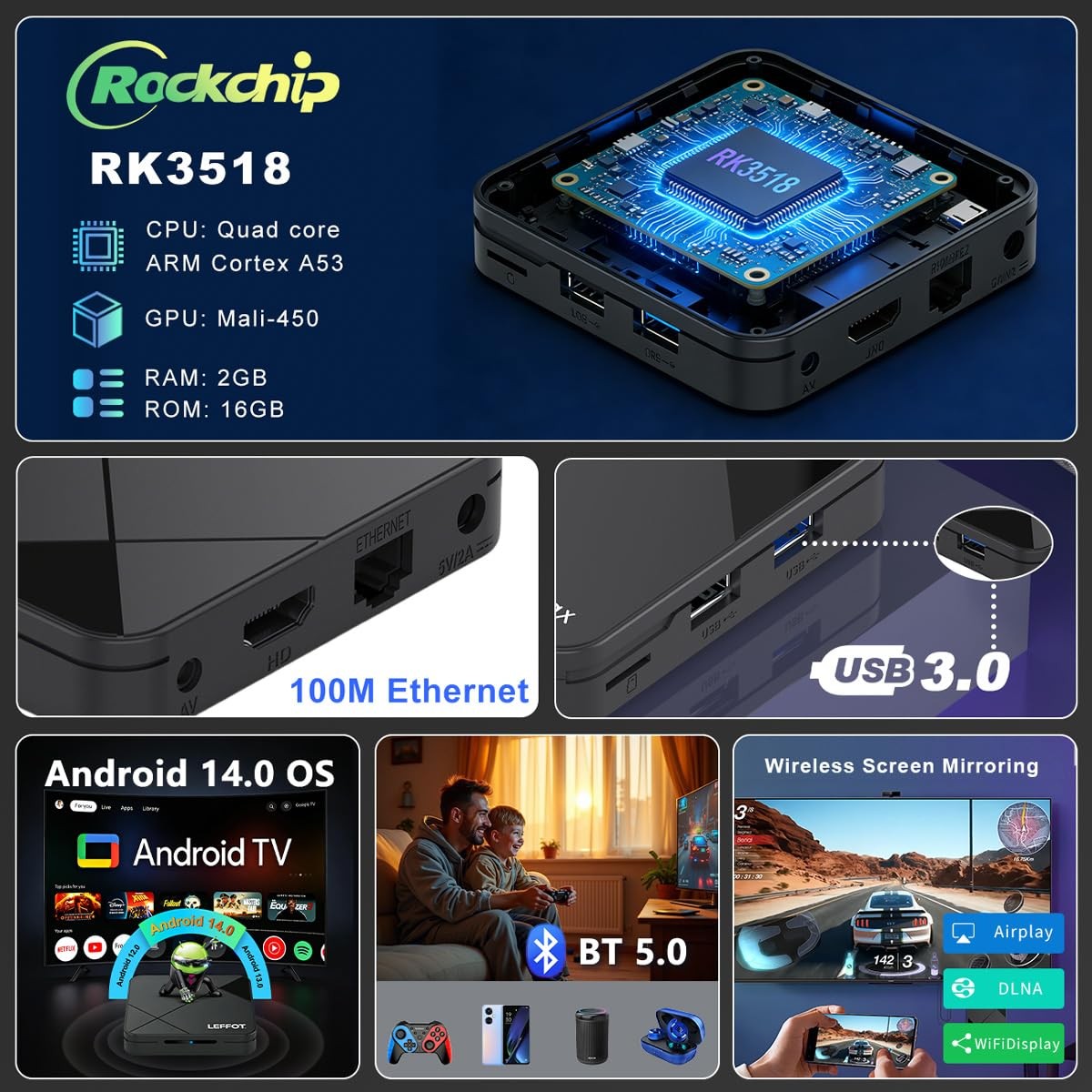Android 14.0 TV Box 2026, 2GB RAM + 16GB ROM, LEFFOT 4K Ultra HD Home Streami…