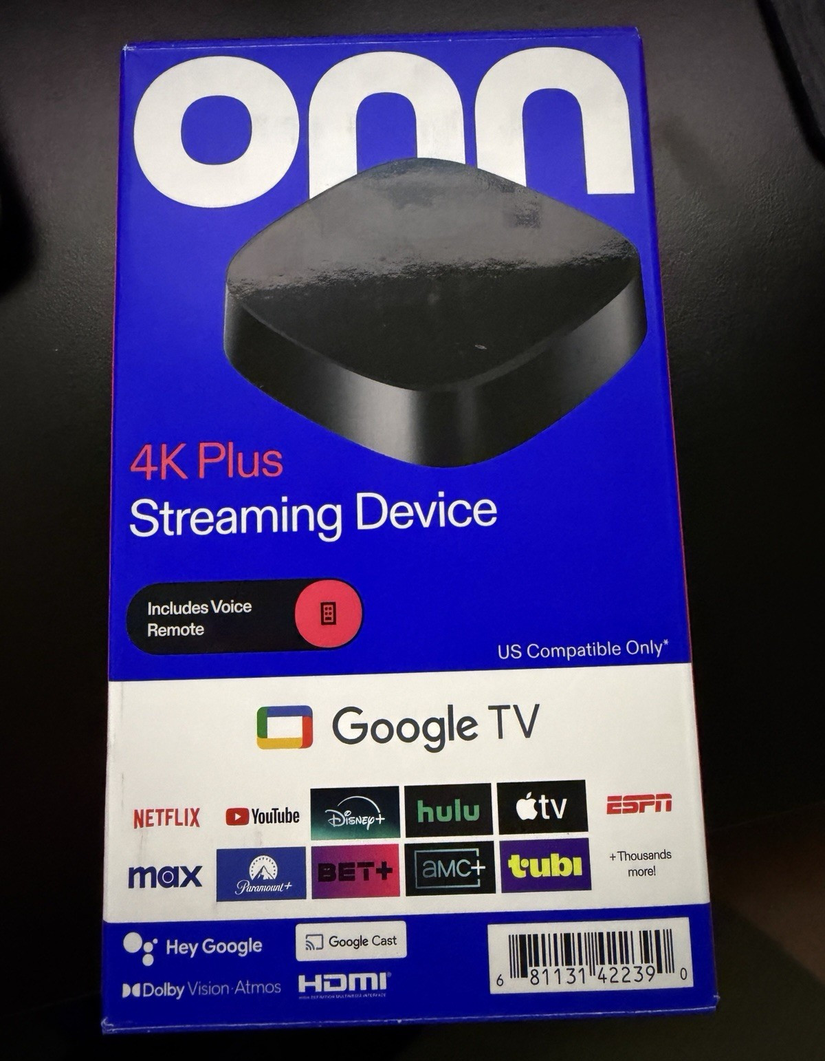 onn. 4K Plus Streaming Box Google TV 16GB Voice Remote Dolby Vision Atmos