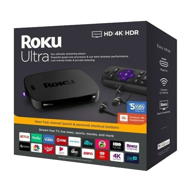 Roku Ultra 4K Streaming Media Player with JBL Headphones and Enhanced Voice Rem