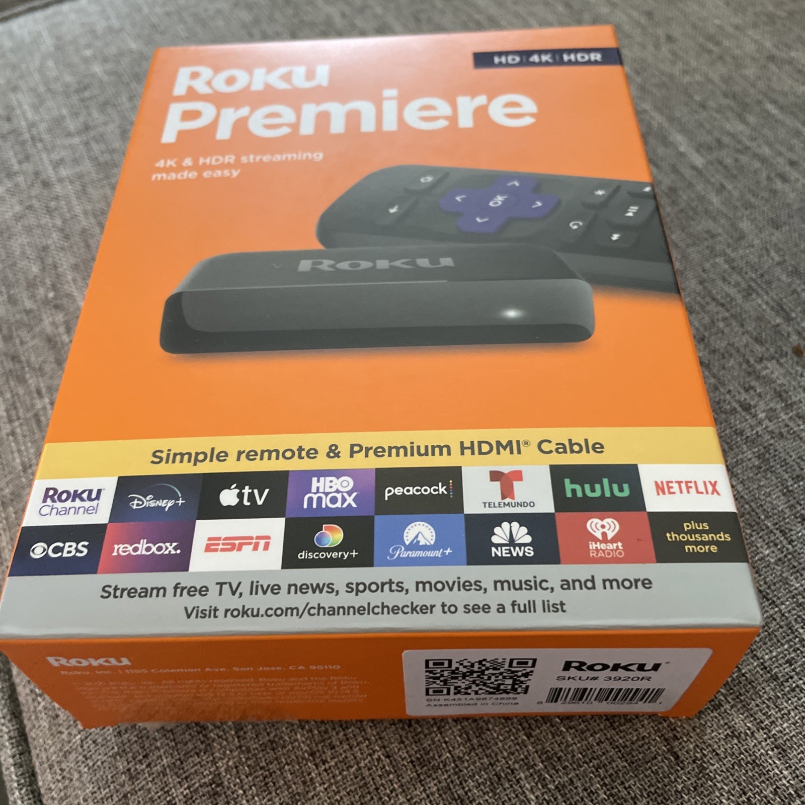 Roku Premiere Media 4K &HDR Streamer – 3920R (Black) NEW