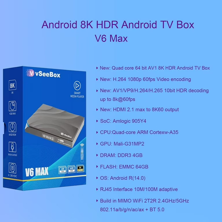 New vSeeBox V6 Max 8K Streaming Android TV Box Voice Control WiFi6