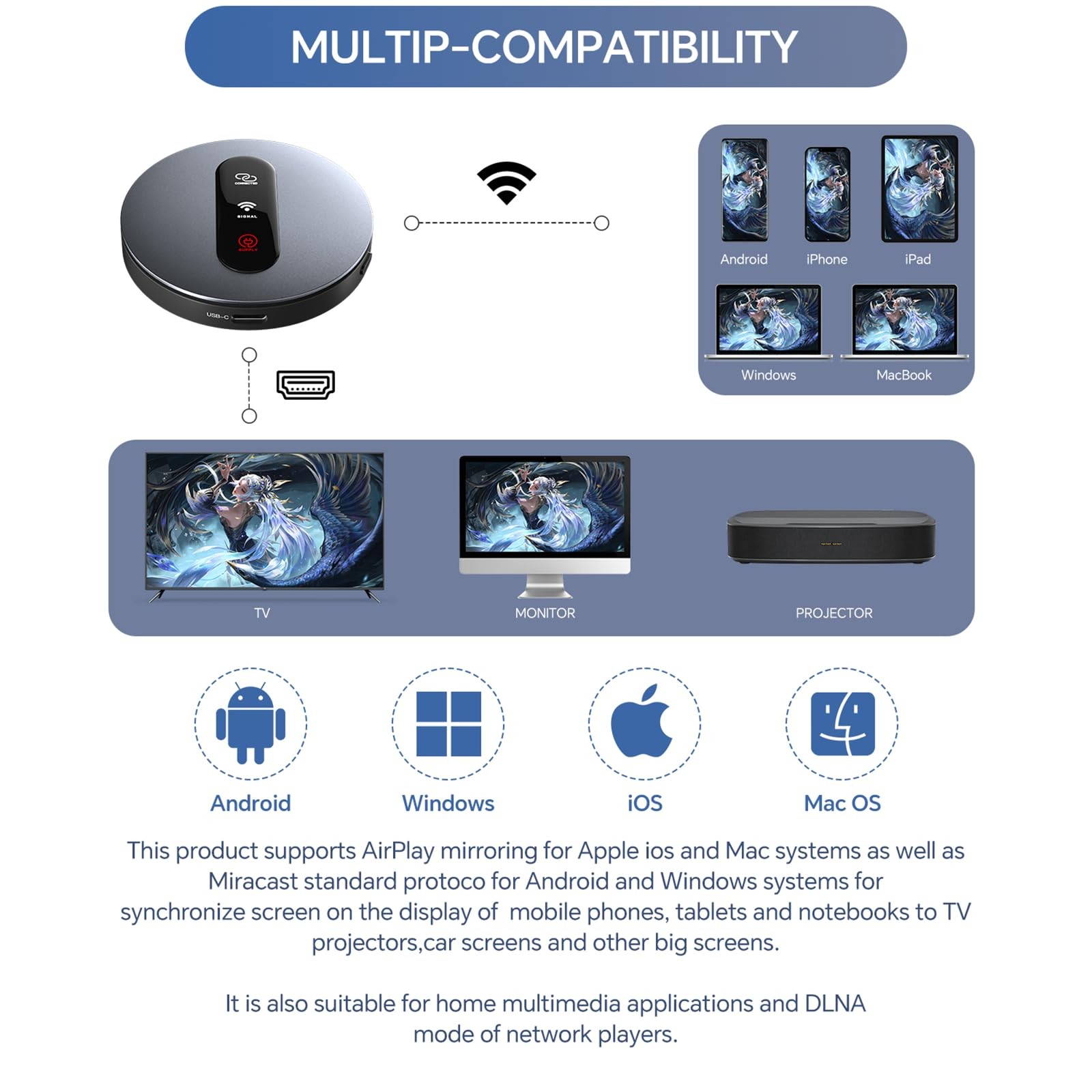 Wireless HDMI Display Dongle Adapter – Miracast with AirPlay Silver