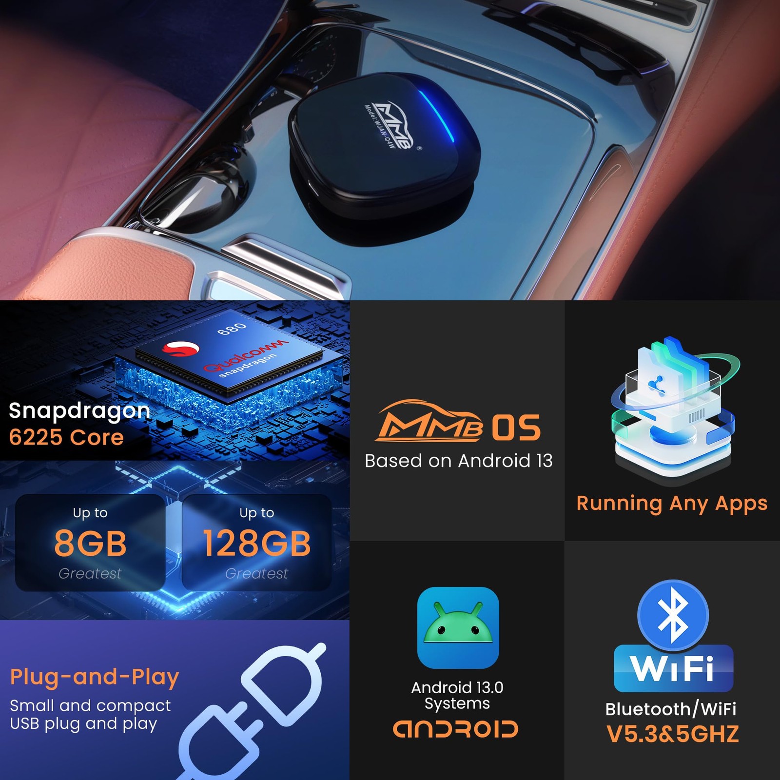 MMB MAX 5.0 CarPlay Box 2026 Android 13.0 Multimedia Video Ai Box, QCM 6225 8…