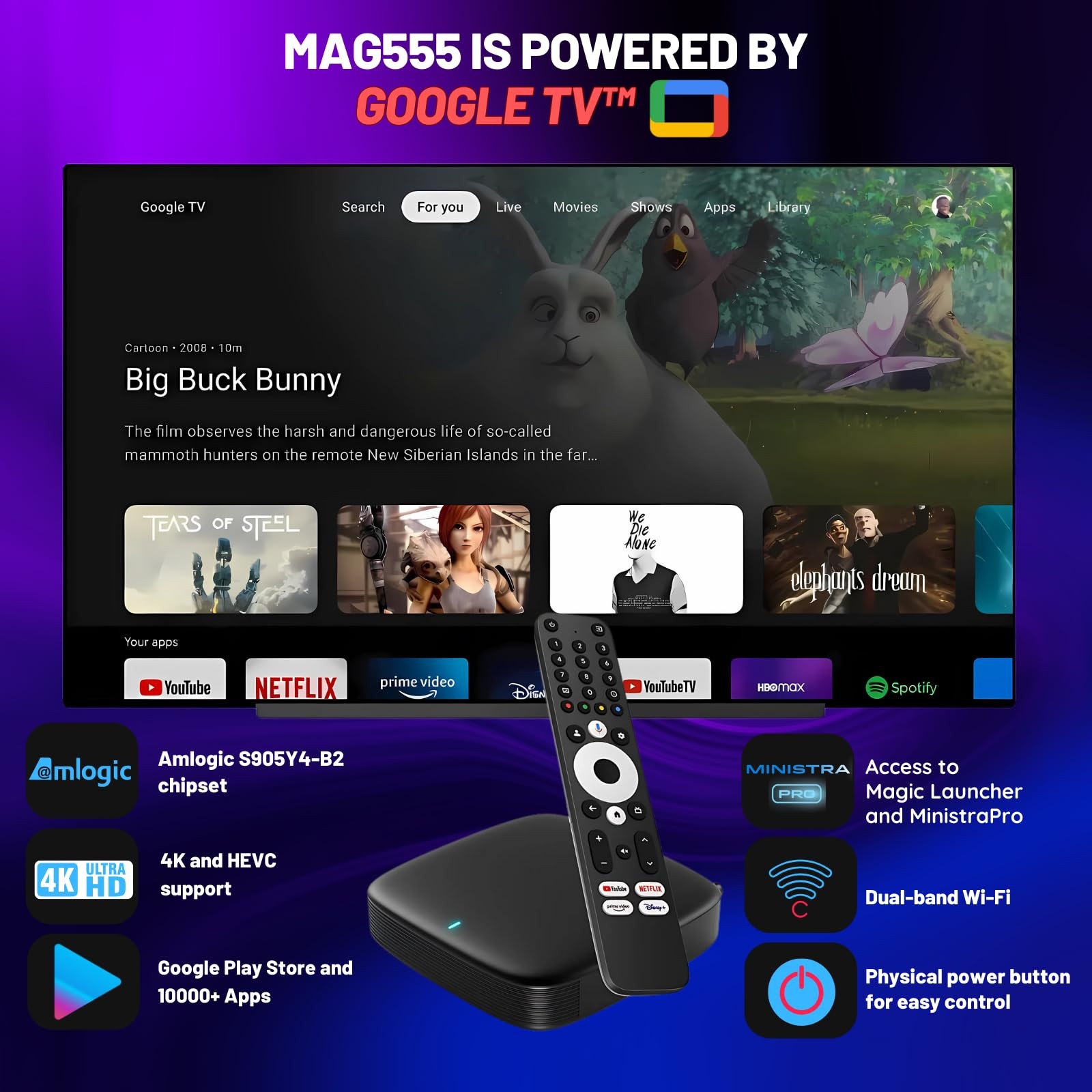 Raxxio MAG555 4K Streaming Media Player Google TV OS, Dual-Band Wi-Fi, 4K HDR…