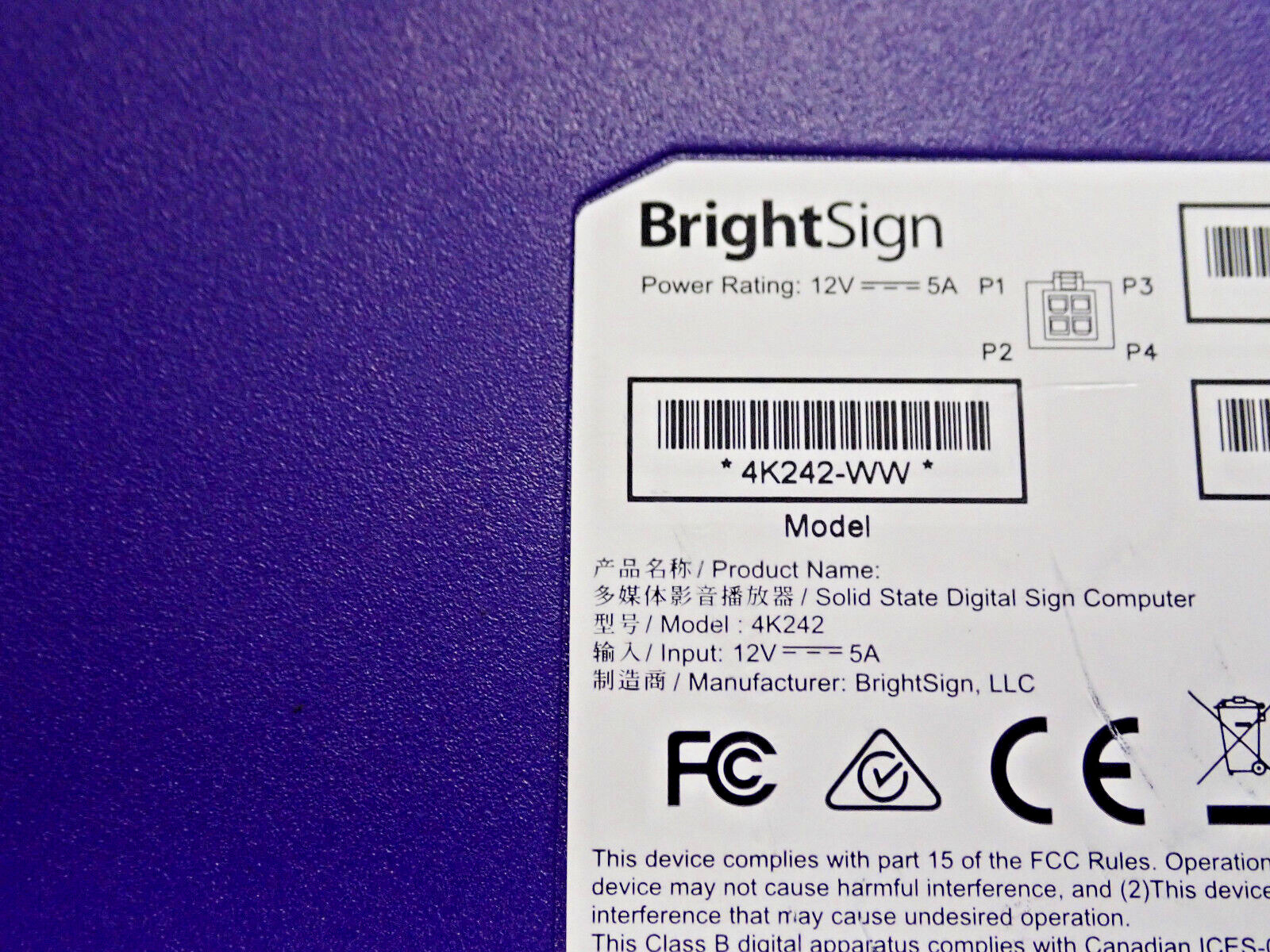BRIGHTSIGN 4K Model 4K242-WW Digital Signage Media Player.