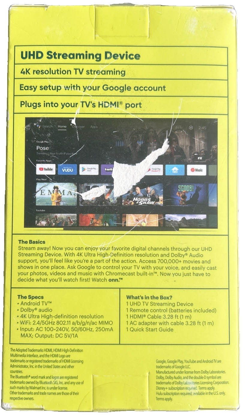 onn Android TV 4K UHD Streaming Device with Voice Remote Control & HDMI