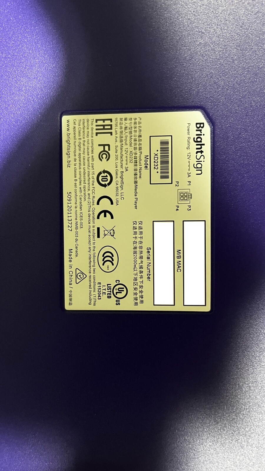 Brightsign XD232 with AC adapter