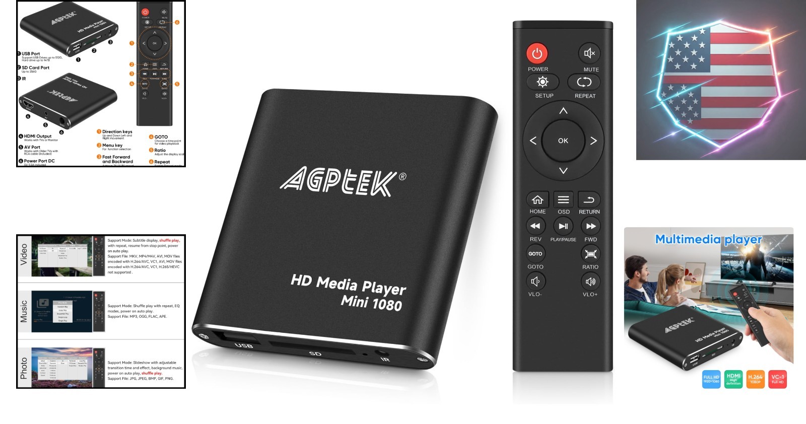 HDMI Media Player, Black Mini 1080p Full-HD Ultra HDMI Digital Media Player f…