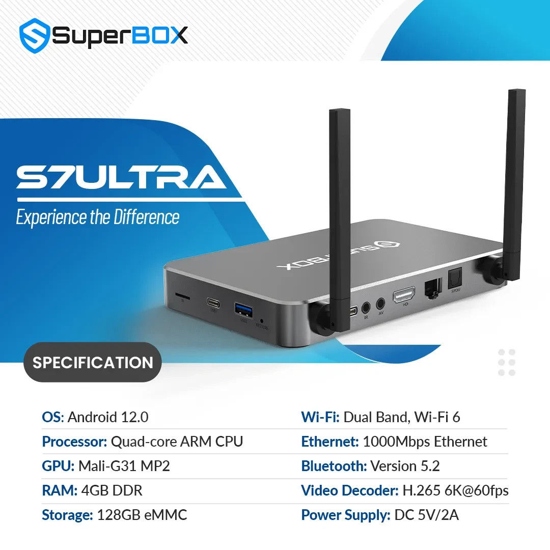 SuperBox S7 Ultra Android 12 Smart TV Box | 4GB RAM 128GB Storage WiFi6 Bluetoot