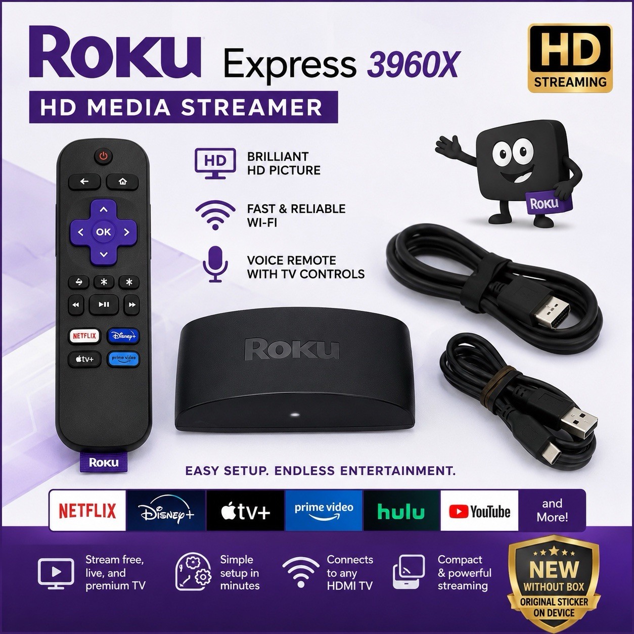 Roku Express 3960X HD Media Streamer w/ Voice Remote, HDMI & USB – New OB
