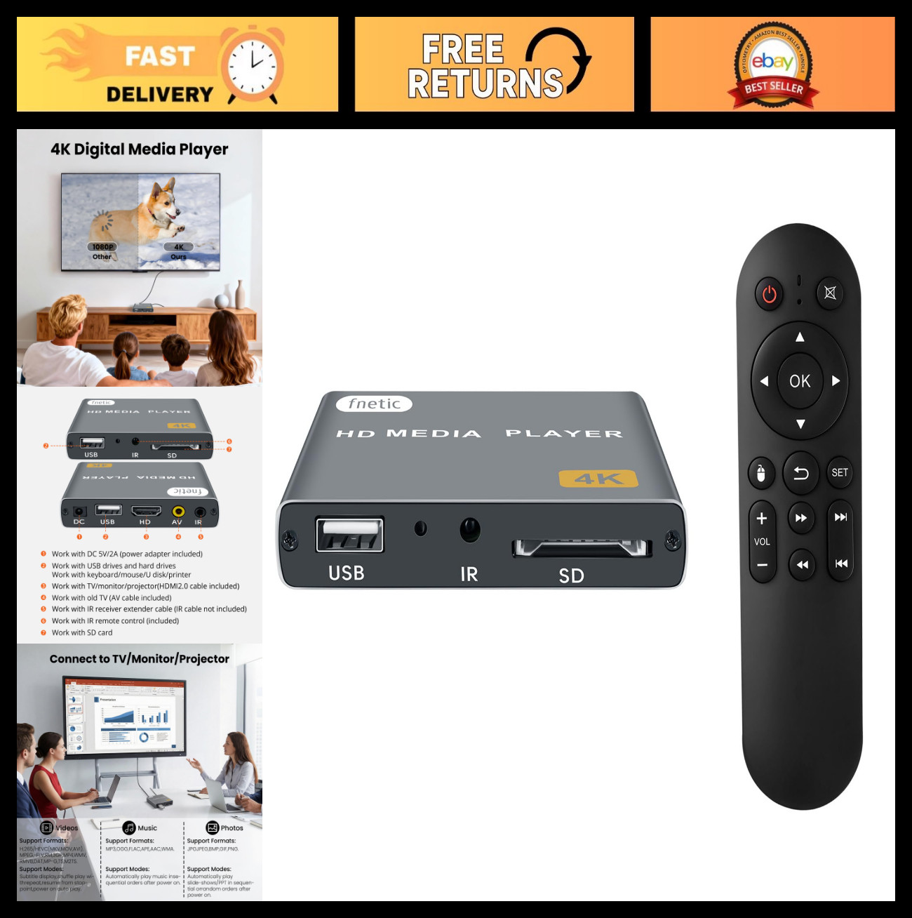 4K Digital Media Player, HDMI/AV Output, USB/SD Card, Ultra HD 30Hz, Auto Playba
