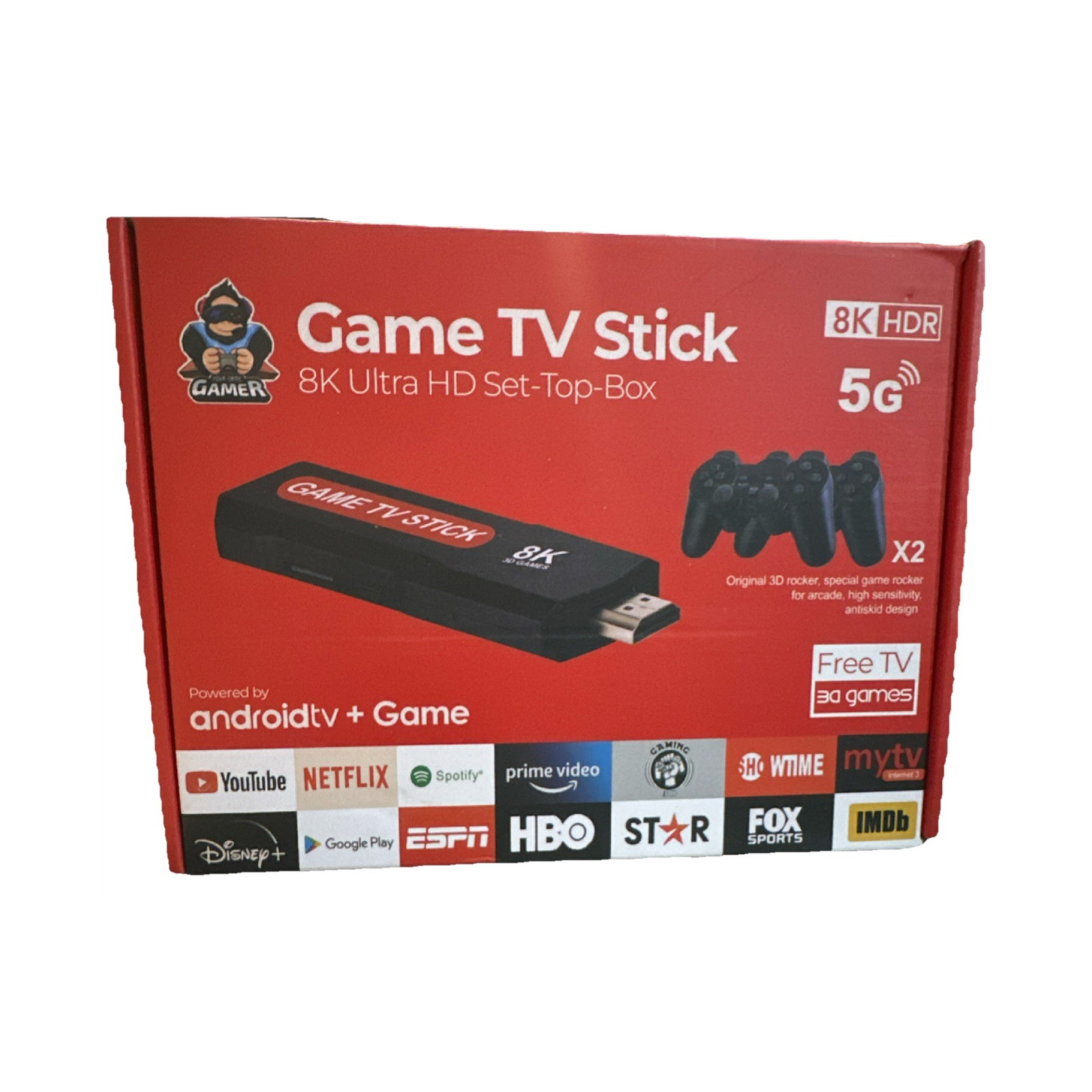 Game TV Stick 8K HDR Android TV Dongle, Dual Controllers, Chromecast Built-in