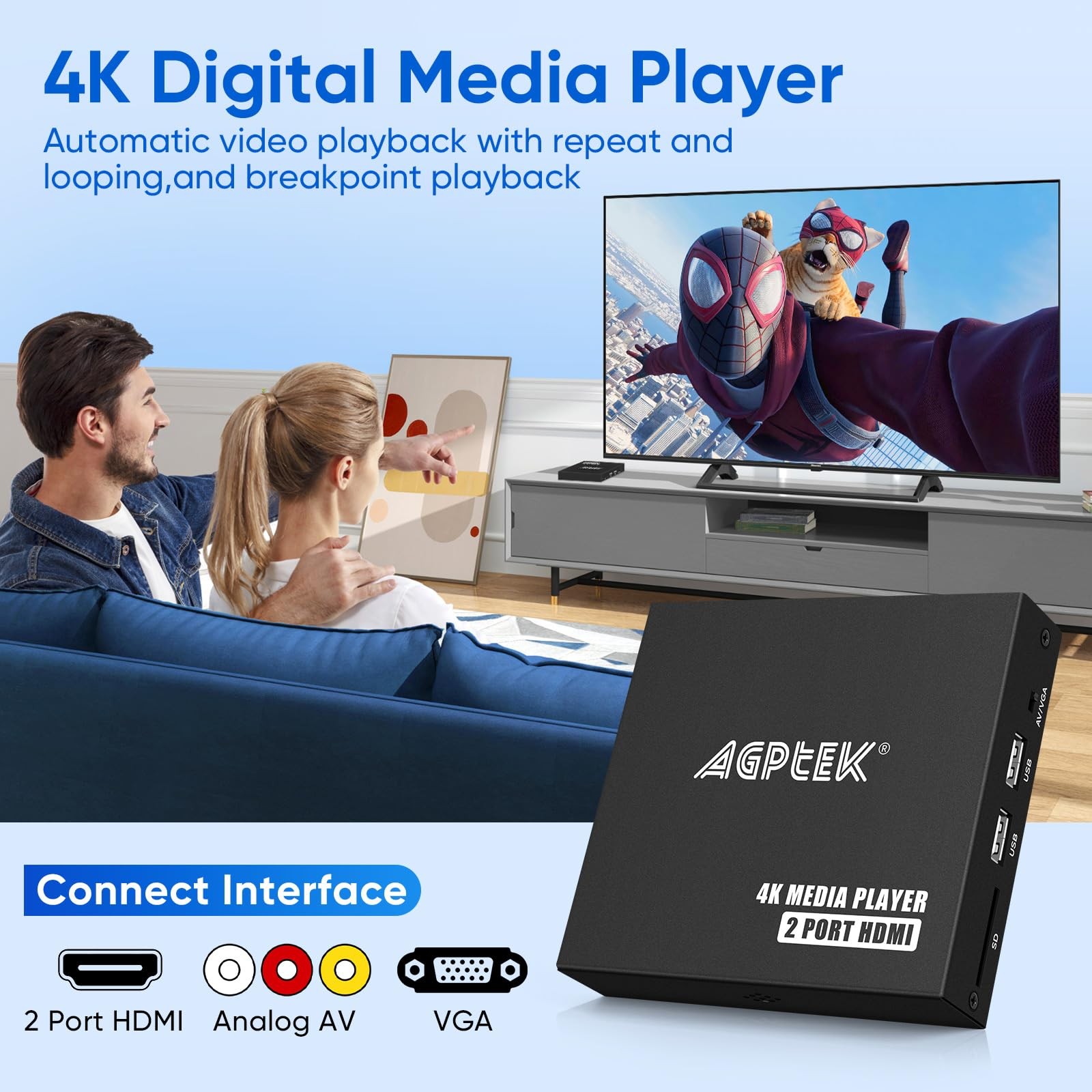 4K@30hz HDMI TV Media Player with Dual HDMI, One AV/VGA Output, 4K Splitter F…