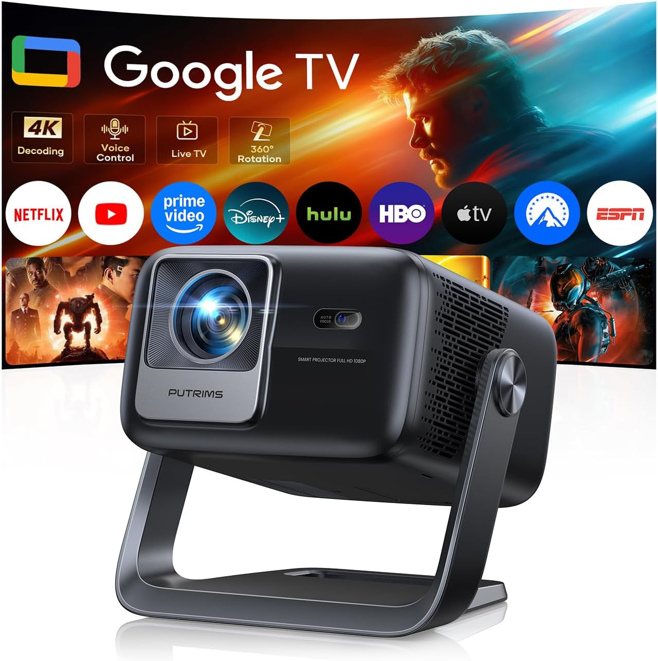 Smart 4K Projector [Google TV Stick Built-in & 360° Stand] with WiFi 6, Bluetoot