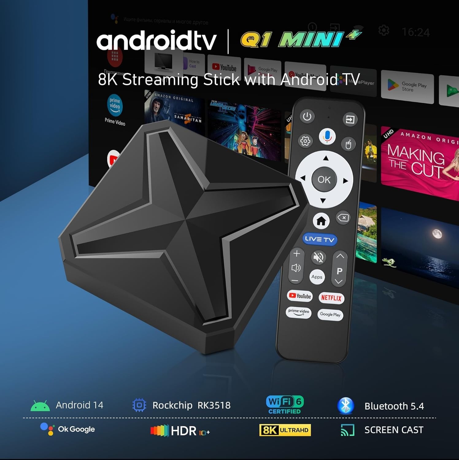 Android 14 TV Box 8K Ultra HD with 2GB RAM 16GB ROM WiFi 6 Bluetooth 5.4