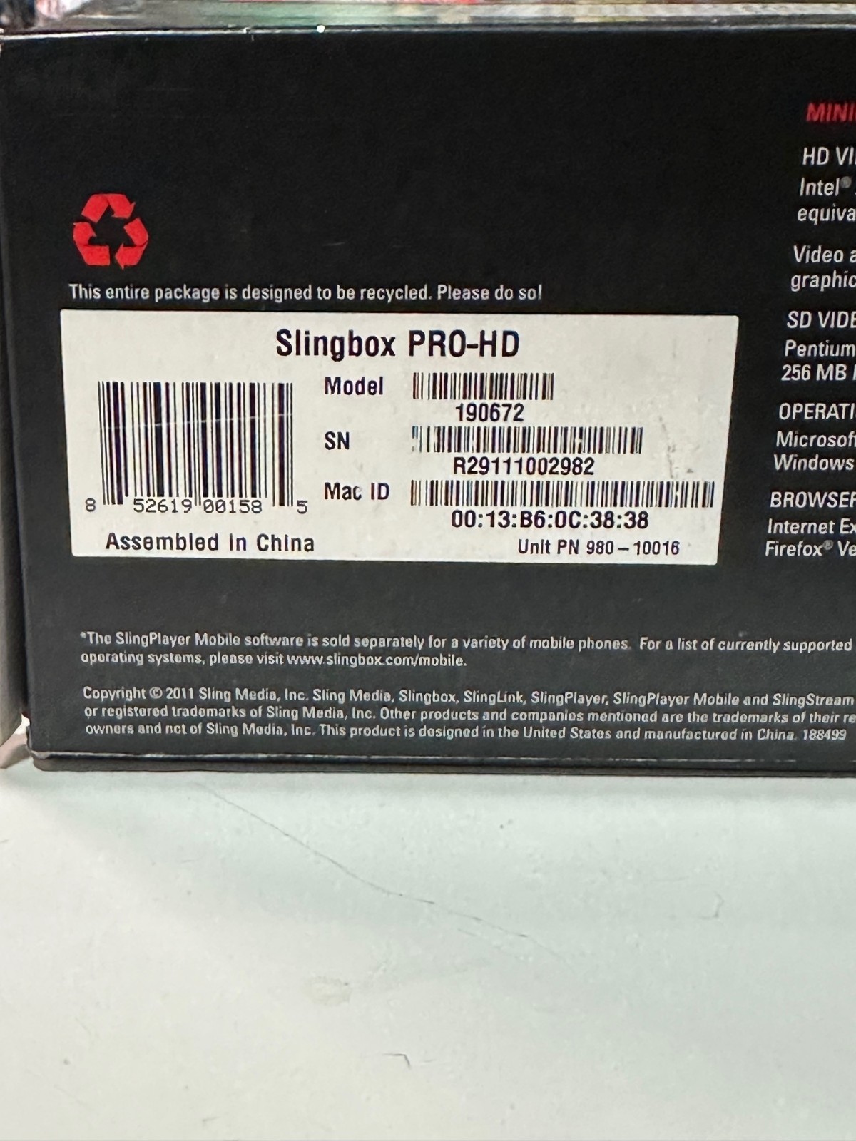 Slingbox Pro-HD 190672 High Definition Built In TV Tuner New Open Box