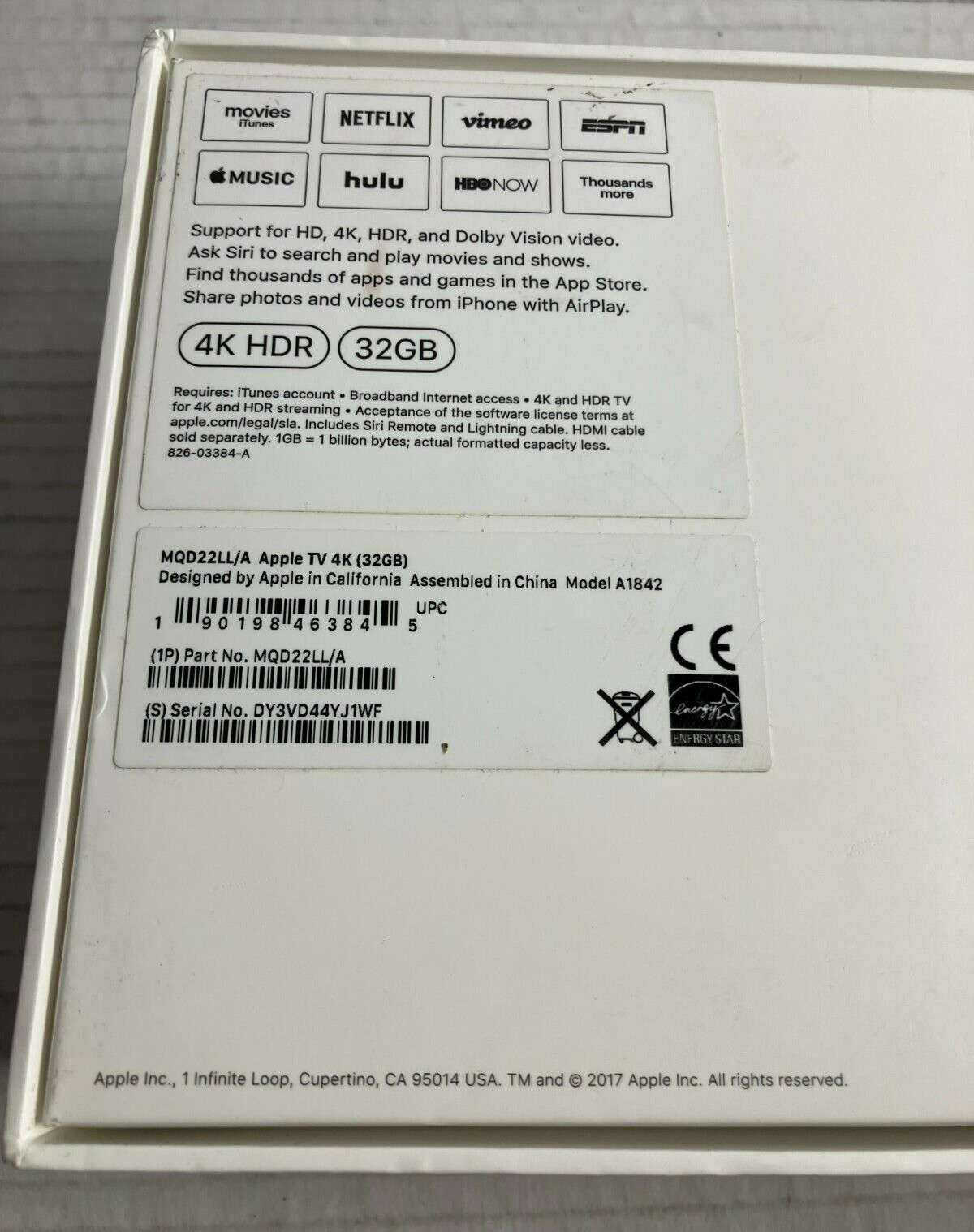 Apple TV 4K 32GB MQD22LL/A Media Streamer Model A1469 Black