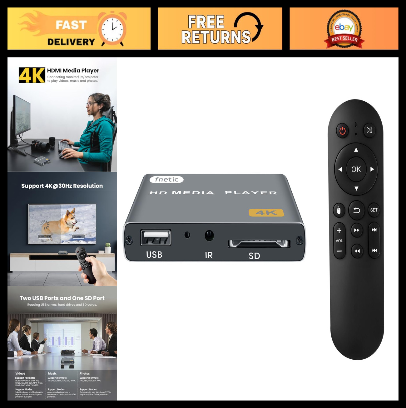 4K Digital Media Player HDMI AV Output, Mini HD Video Player for USB SD Cards, H