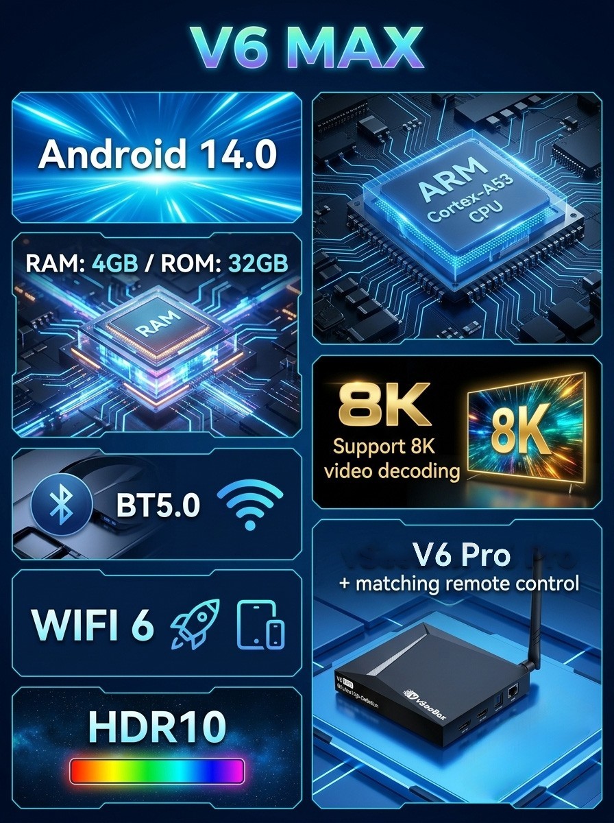 Vseebox V6 Pro Android 14 TV Box with 4GB RAM 32GB ROM & Bluetooth Voice Remote