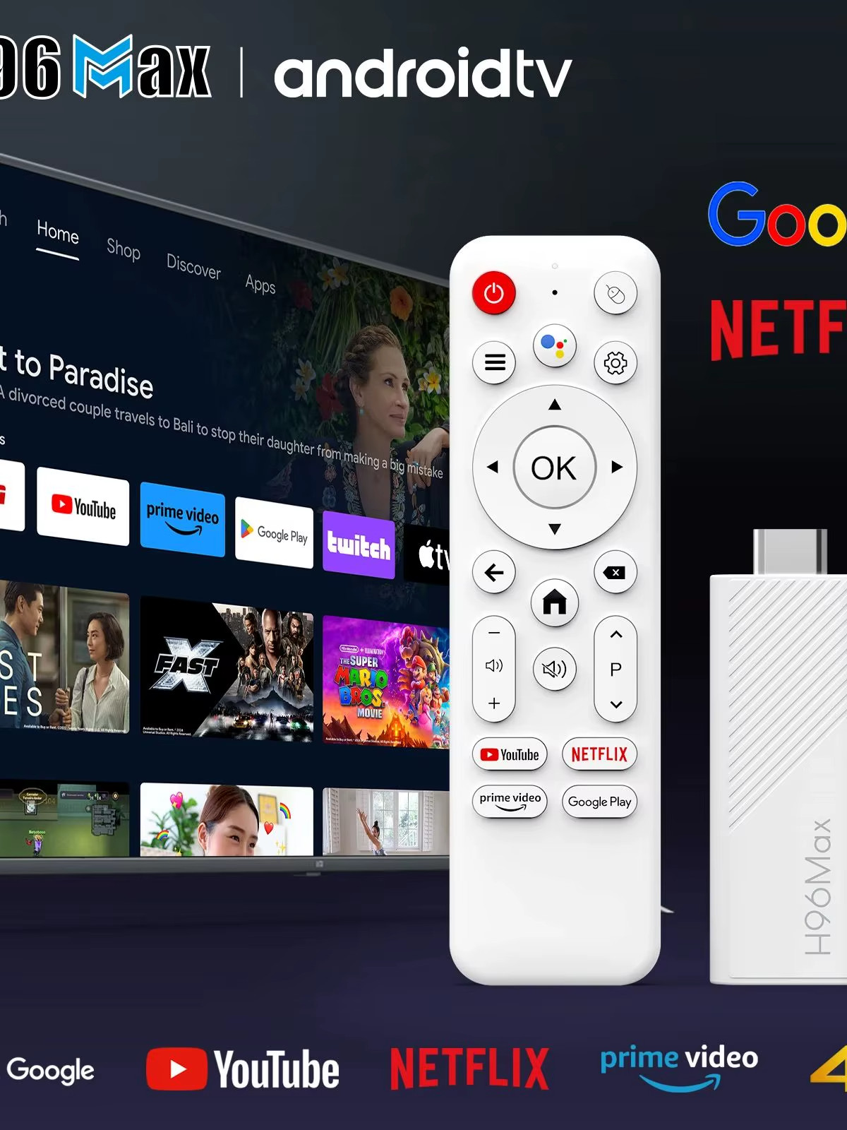 Stick Tv H313 Android 14 4K Wifi6 BT5.0 con Assistente Google AI