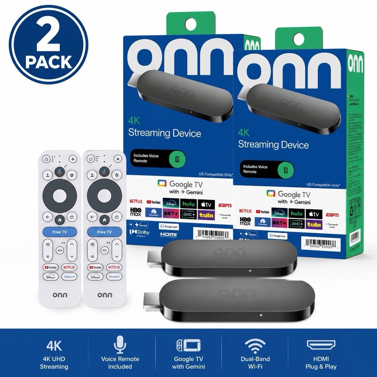 NEW 2026 2 Pack ONN 4K Streaming Device Google TV with Gemini Model Voice Remote