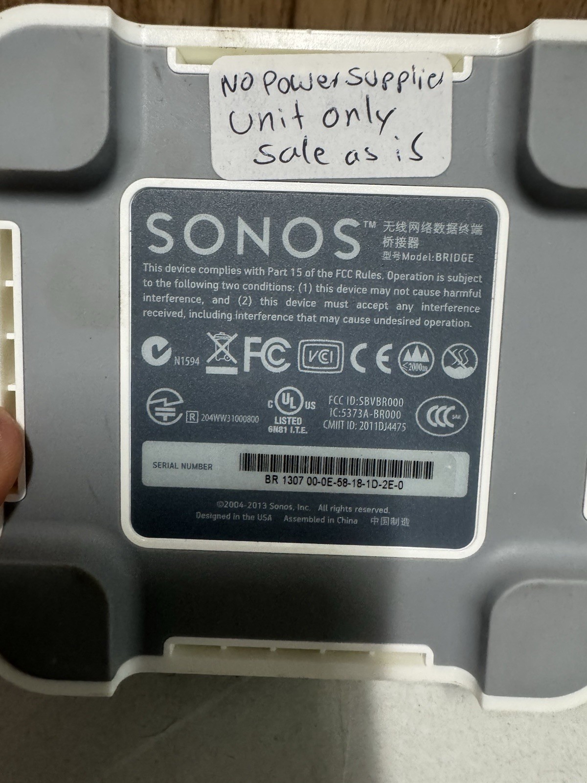 Sonos Bridge BR100 Wireless Network Adapter No Power Supply Untested