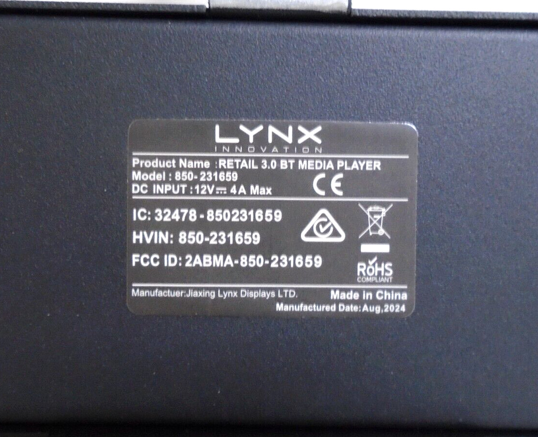 Used LYNX Innovation Retail 3.0 BT Media Player | 850-231659 | 12V – 4A Max