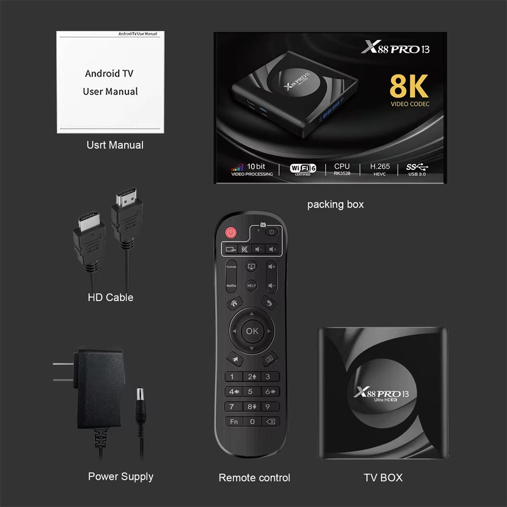 X88 PRO 13 TV Box Android 13 RK3528 4GB 64GB 8K HD Smart TVBox WIFI6 BT5 OTA Upg