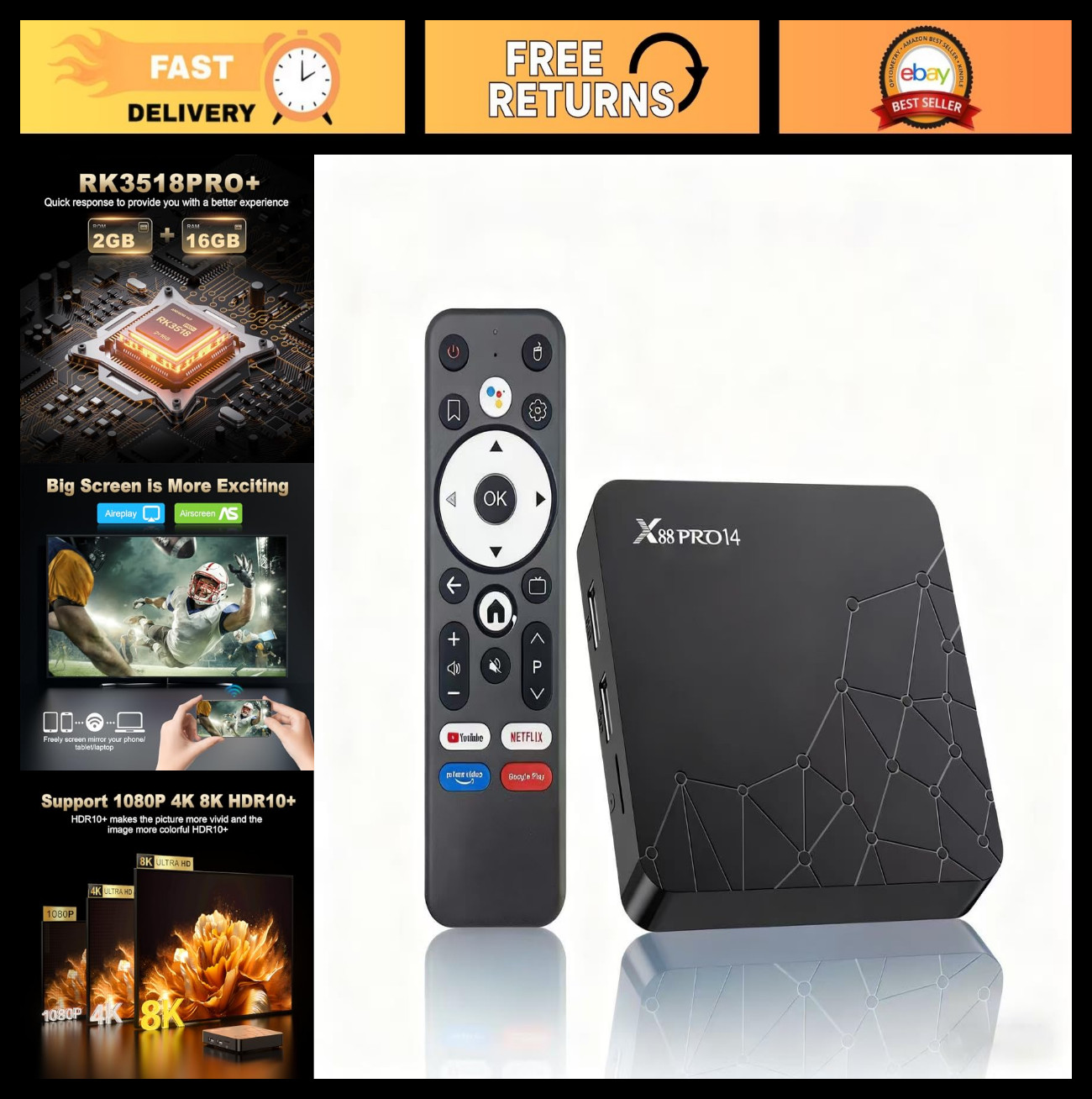 Android TV Box 14.0, RK3518 Mini, 2GB RAM, 16GB ROM, Dual WiFi, 8K HDR, Bluetoot