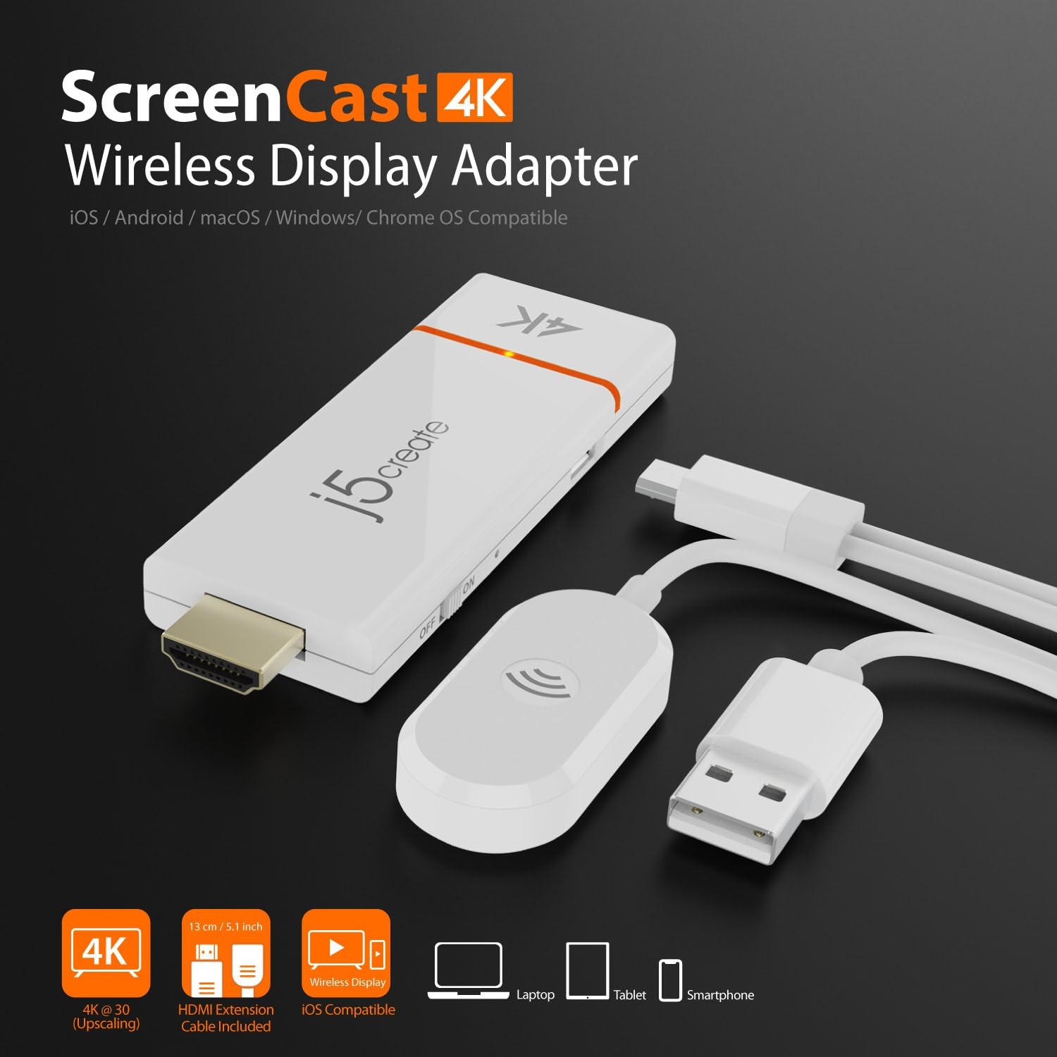 J5Create Screencast 4K Wireless Adapter Screen Cast From Mobile Phone Tablet Or
