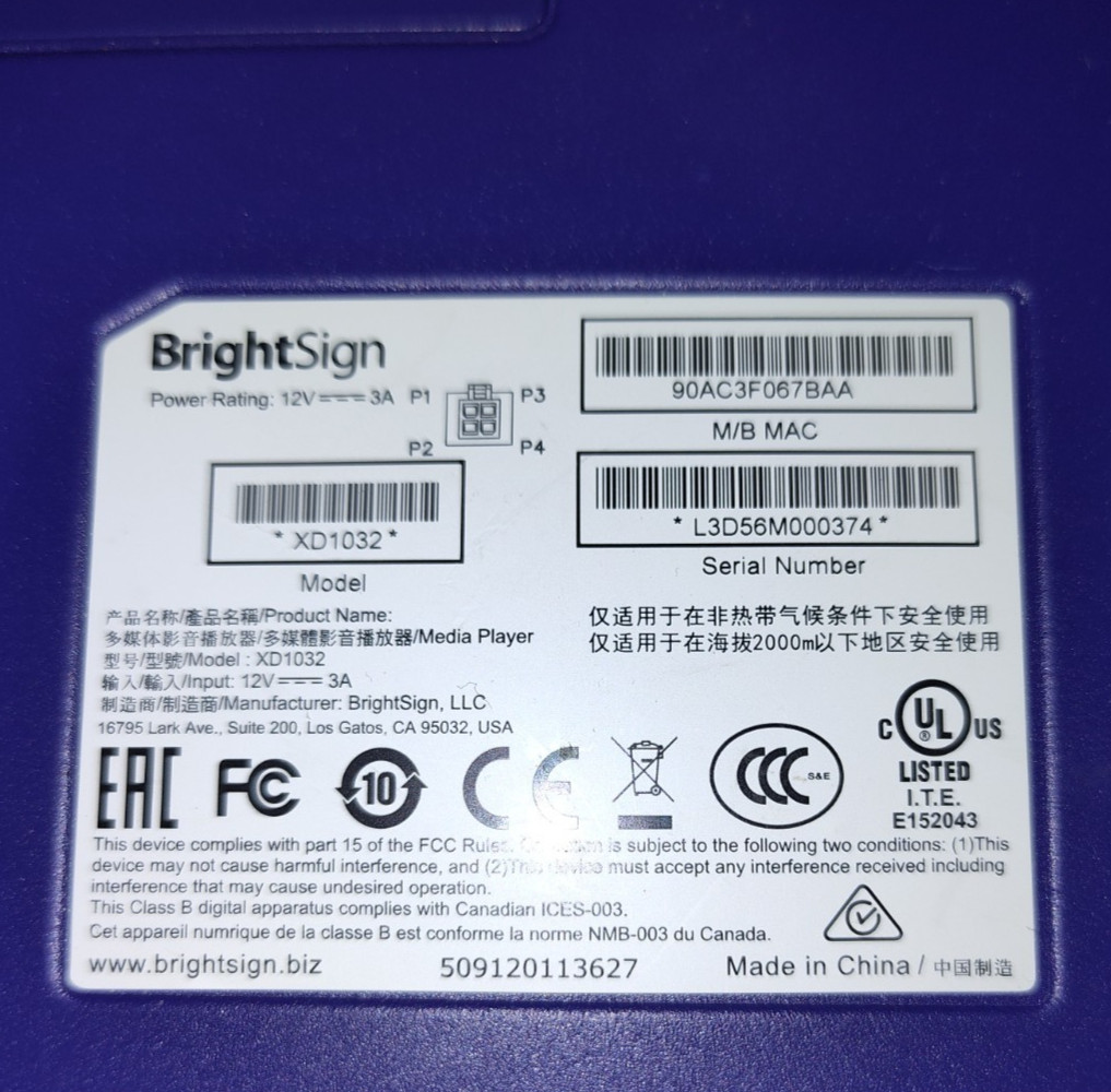 BrightSign XD1032 Interactive Digital Signage Player Bundle – Power, Cables, 64G
