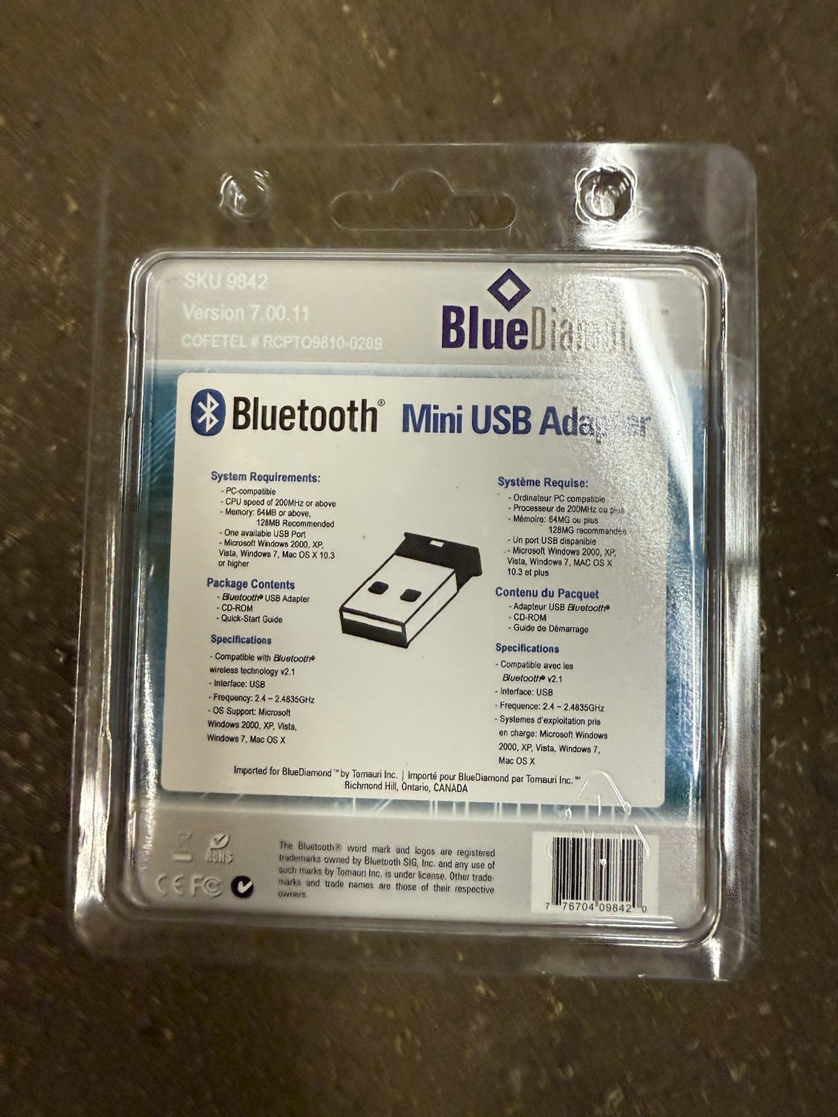 Bluetooth Mini USB Adapter Blue Diamond Class 2 Spec v 2.1 USB v1. 1/2.0