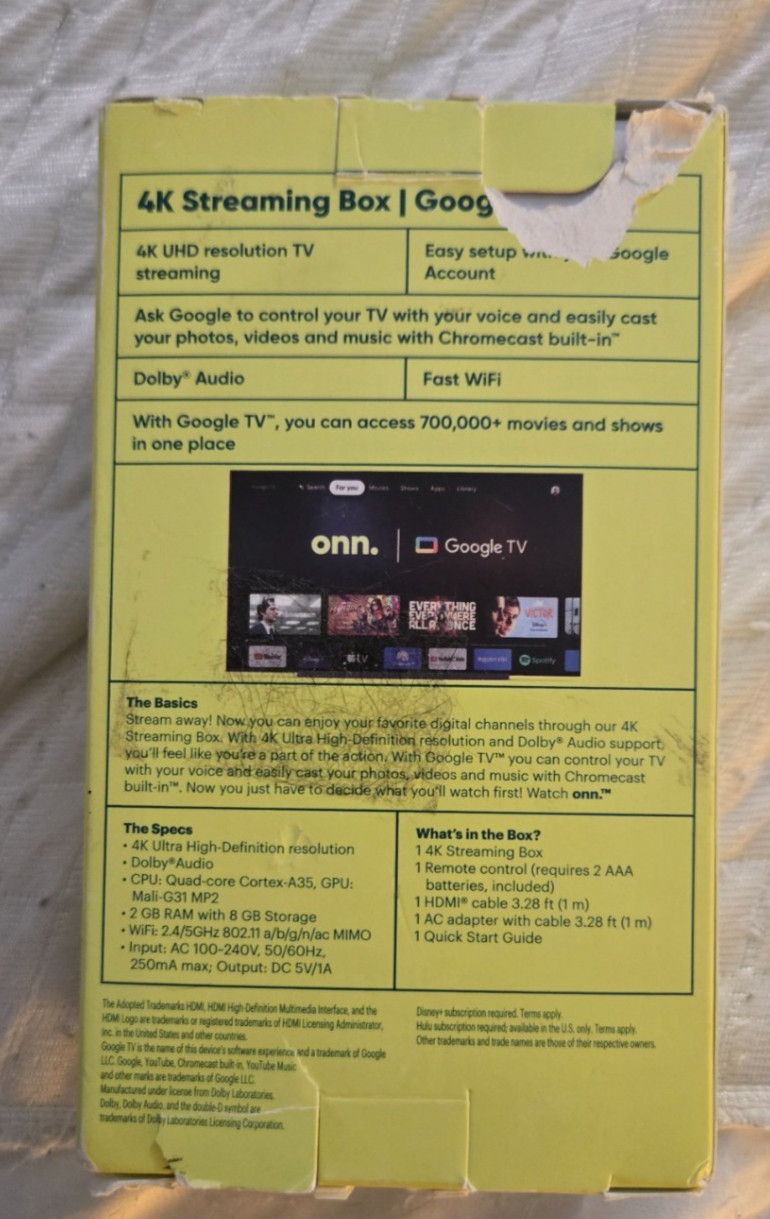NEW OPEN BOX Onn. Google TV 4K Streaming Device UHD Resolution 8GB Storage WiFi
