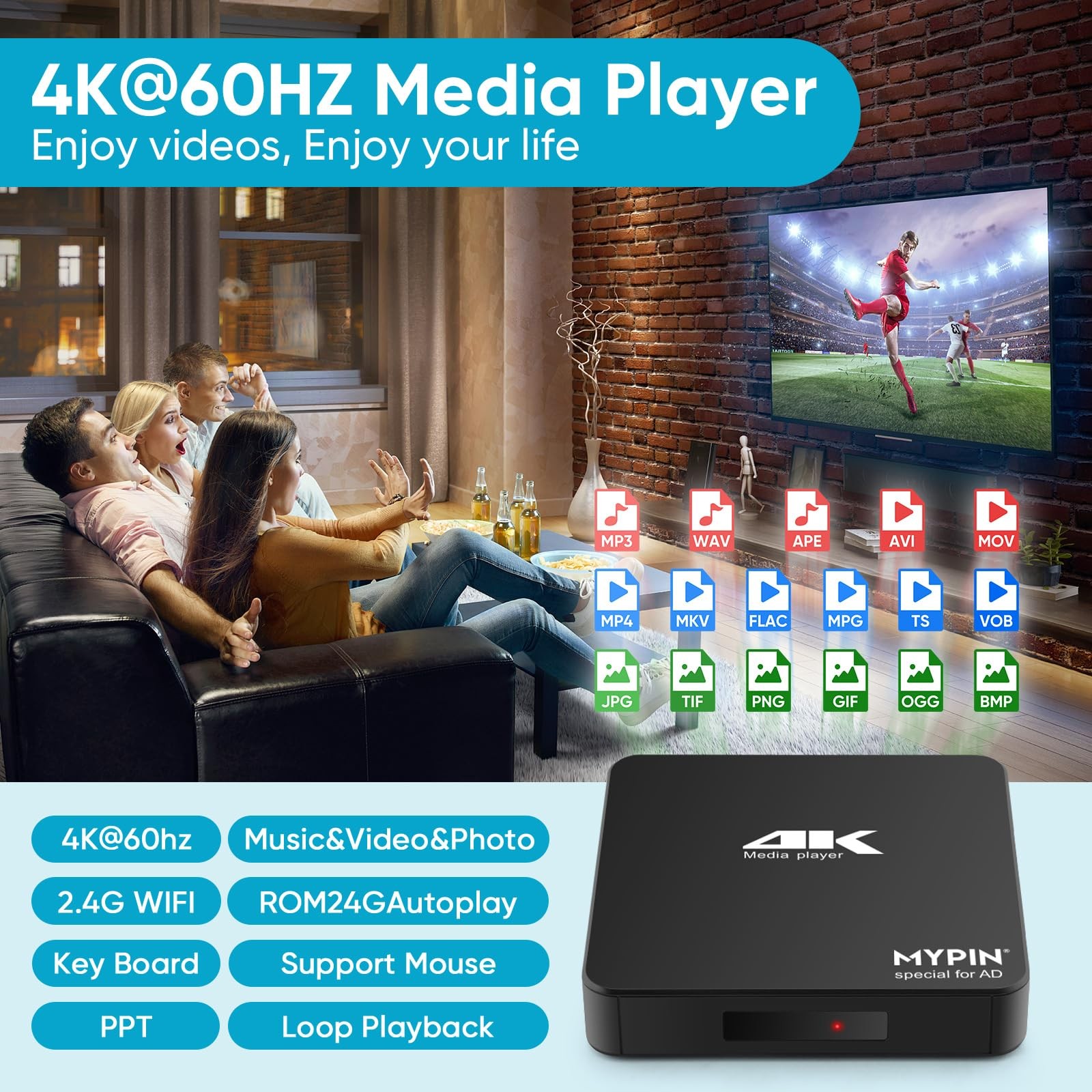 4K@60hz MP4 Media Player Support 8TB HDD/ 256G USB Drive/SD Card with HDMI/AV…
