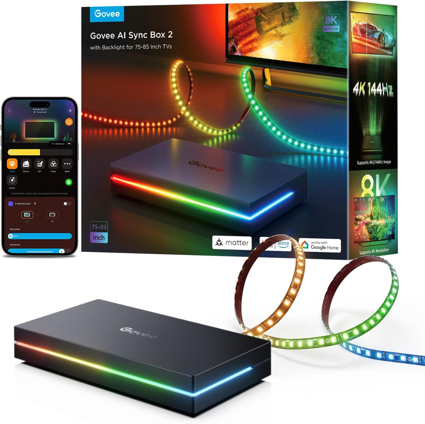 Govee HDMI 2.1 Sync Box 2, AI Sync Box with TV Backlight, Supports 8K@60Hz, 4K@1