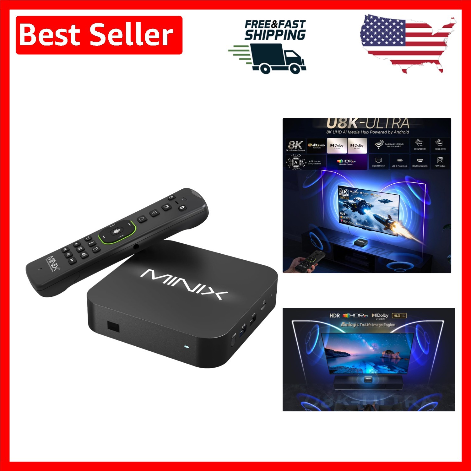 Smart 8K Media Player with AI Resolution Upscaling & Dolby Vision, 128GB Storage