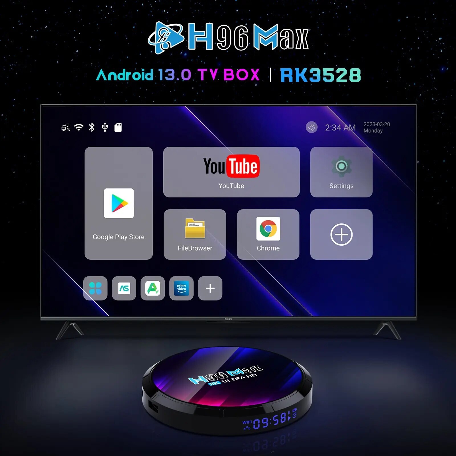 Android TV Box H96MAX RK3528 – 4GB RAM, 64GB Storage – 4K, WiFi 6, 2.4G/5.8G,