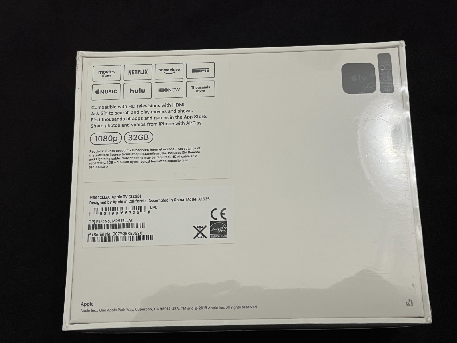 Apple TV (4th Generation) A1625 32GB HD Media Streamer Wi-Fi + Ethernet – Black